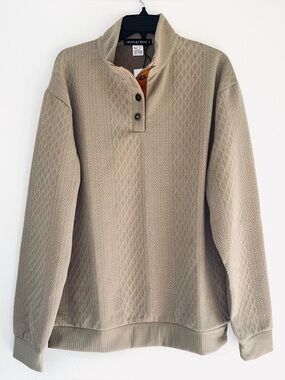 Cross & Crown NWT Mens 1/4 Button High Collar Pullover Shirt Beige Elbow Patch L